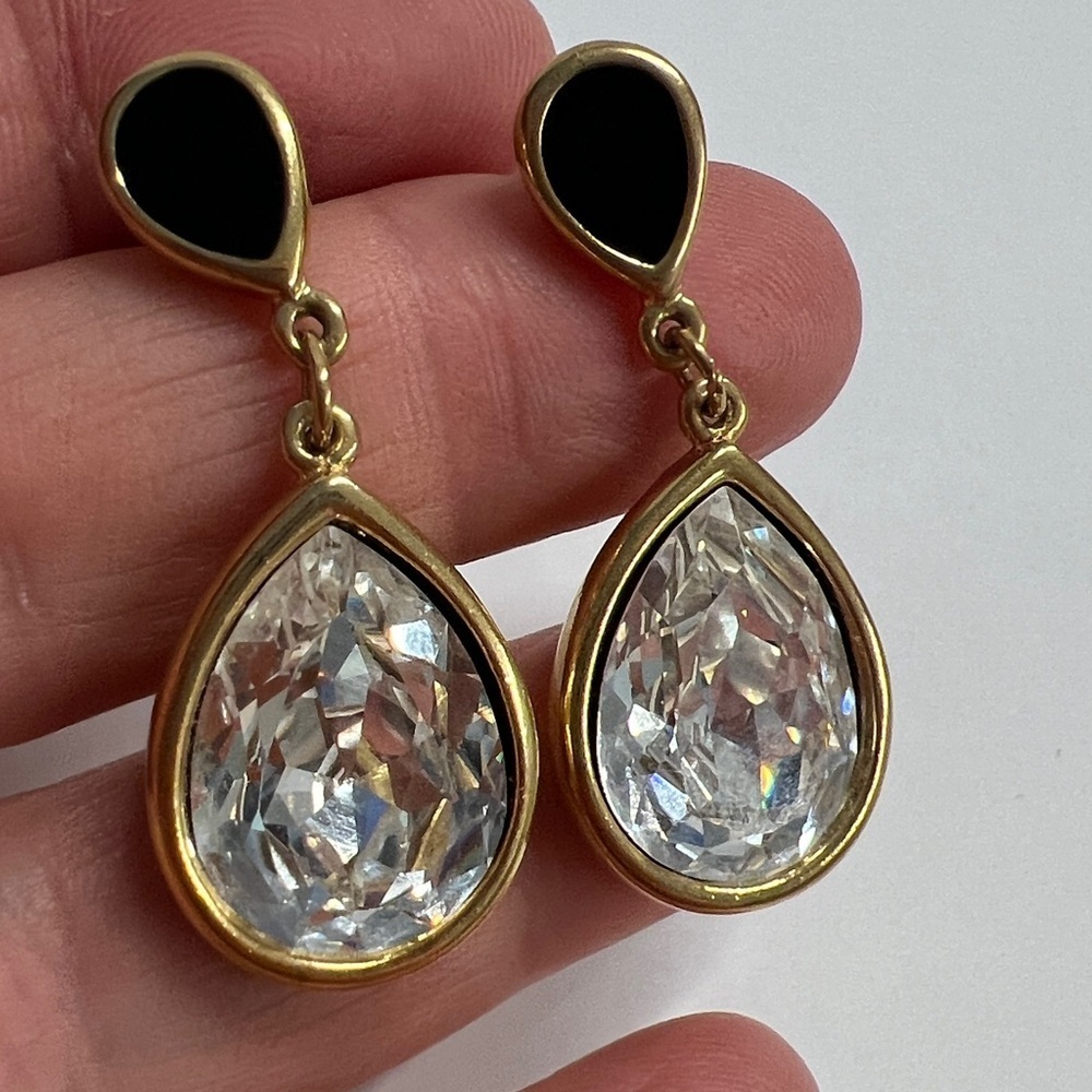Trifari Black Enamel and Crystal Teardrop Goldtone Frame Pierced Earrings